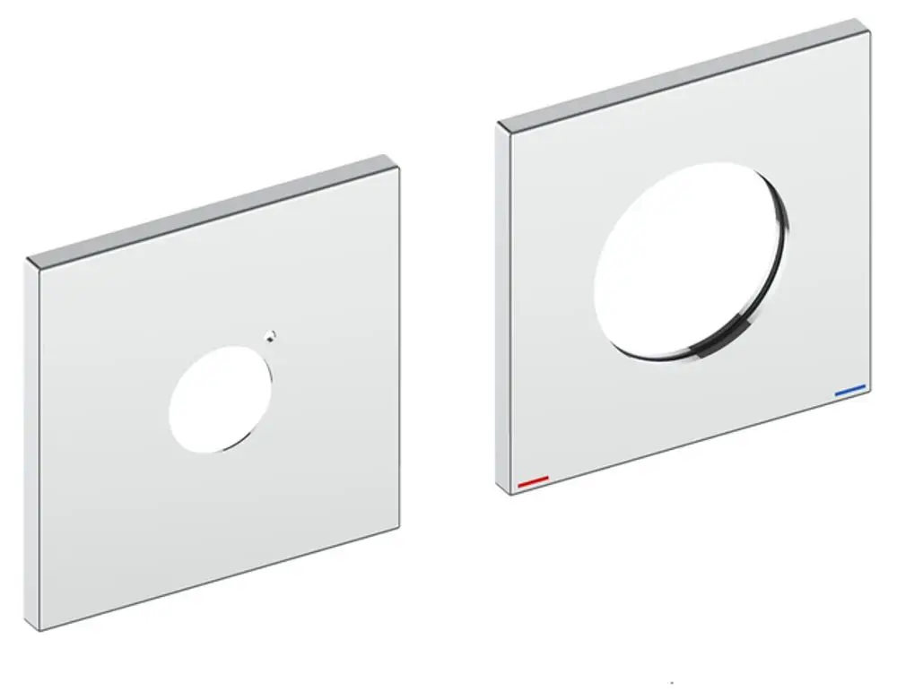 Rosetten-Set von Keuco mit zwei quadratischen Platten, eine mit perforiertem Loch und eine mit runder Öffnung, ausgeführt in chromfarbener Oberfläche.
